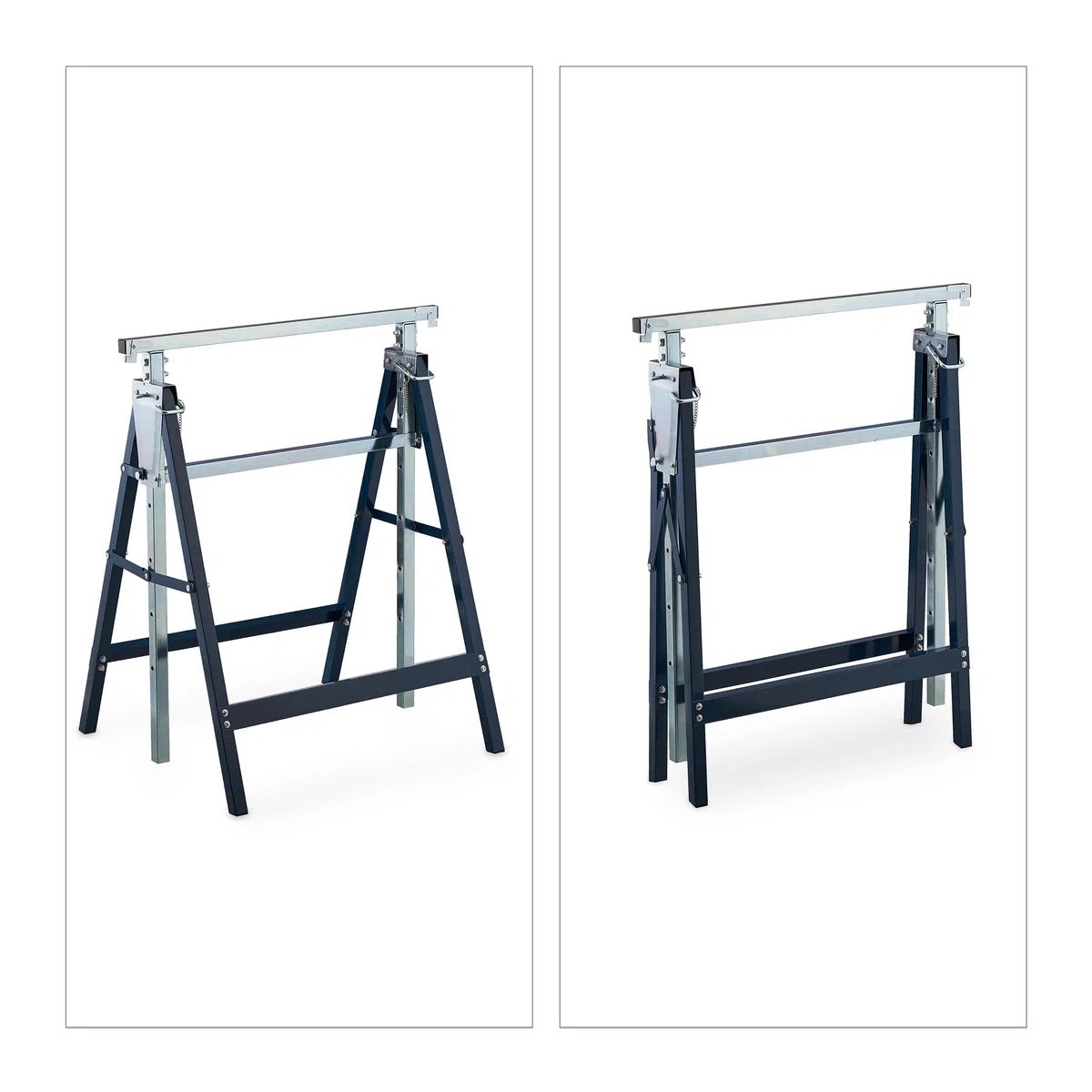 Relaxdays Set da 2 Cavalletti da Lavoro, 7 Altezze, Carico Max. 200 kg, Pieghevoli, da Officina, Acciaio, Blu Argentato