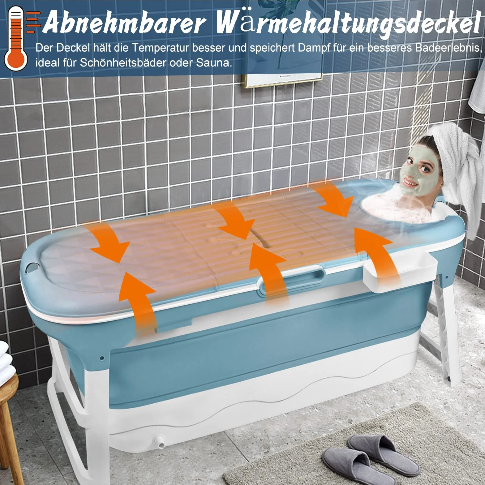 YUENFONG - Vasca da bagno pieghevole per adulti con copertura rimovibile, in materiale PP e plastica, dimensioni: 128 x 62 x 52 cm