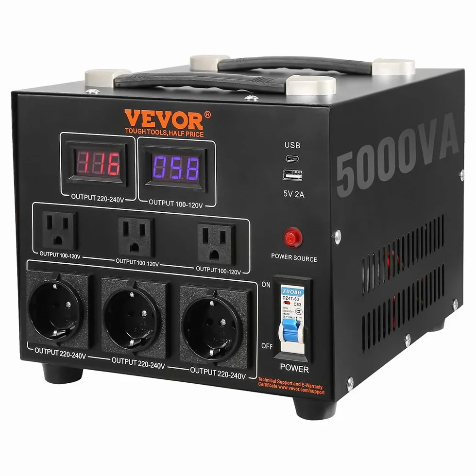 VEVOR Convertitore di Tensione Step Up/Down Portatile 110V-220V / 220V-110V Potenza da 5000VA, Trasformatore di Tensione 5000VA Portatile 270x240x215 mm 6 Spine, Convertitore di Tensione 5000VA USB 5V