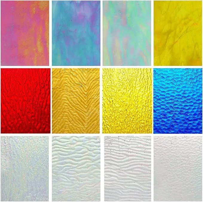 12 fogli di vetro colorato iridescente, 10x15 cm Piastrelle di vetro ruvide e lisce per progetti fai da te, vivaci tessere di mosaico miste trasparenti e opache per lavori artigianali