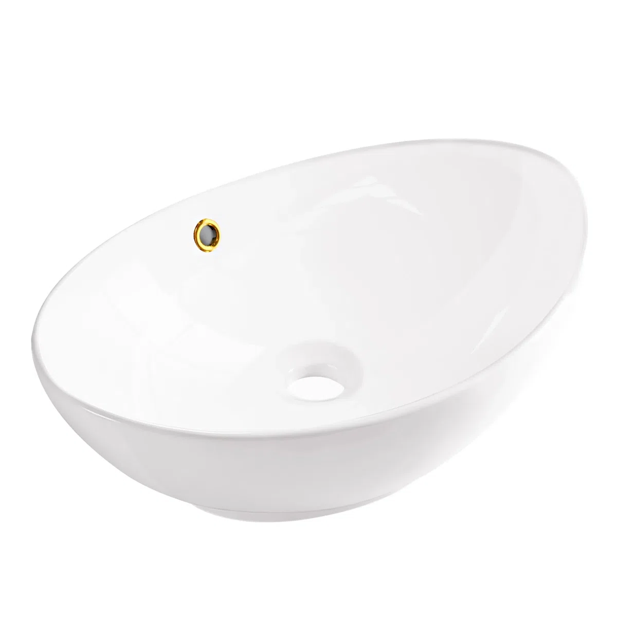 AQUAUNO Lavabo da appoggio MAYA, 59 x 39 cm, ovale, in ceramica bianca, senza foro per rubinetto, con troppopieno, oro, sanitari bagno