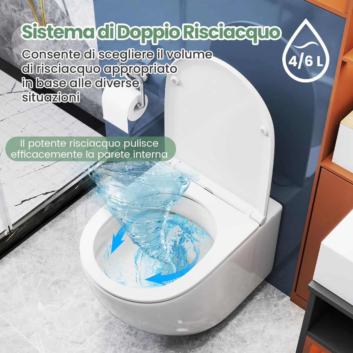 COSTWAY Sanitari Bagno a Muro, Sanitari Bagno Sospeso con Sistema di Doppio Scarico, Meccanismo di Chiusura Ammortizzata e Accessori di Montaggio, Facile da Pulire