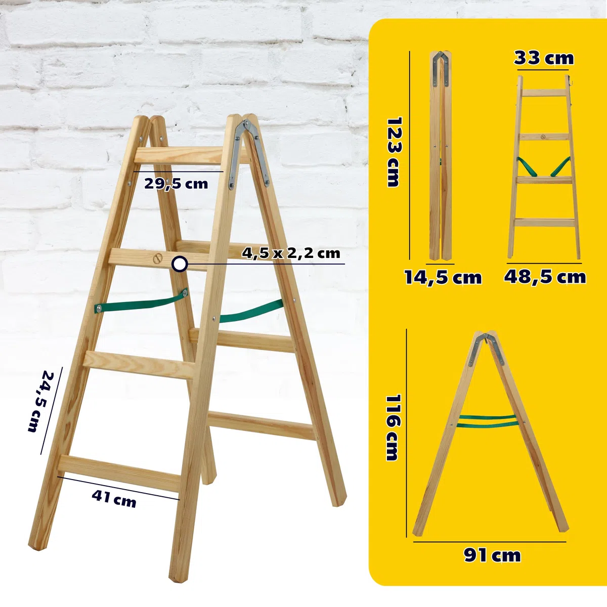 KADAX Scala a Pioli Doppia in Legno di Pino Impregnato, Scaletta Pieghevole con Gancio in Acciaio e Certificata EN 131, Fino a 150 kg (4 Gradini)