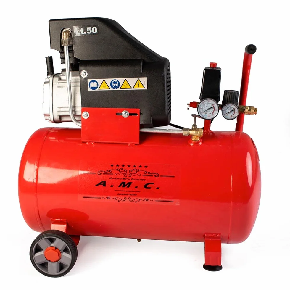 Compressore ad Aria Compressa 50 Litri 15000W 2HP Pressione Massima 8 Bar Doppio Manometro Lubrificato ad olio Compressore Aria Coassiale Portatile Carrellato Kit Accessori incluso