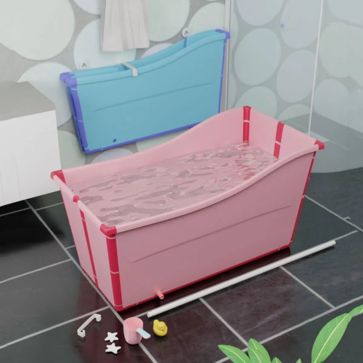 Vasca d'Acqua Mobile, Vasca da Bagno Pieghevole Indipendente, Vasca da Bagno Pieghevole, Sauna per Adulti, Secchio Rettangolare, Durevole Facile da Riporre(Color:Rosa)