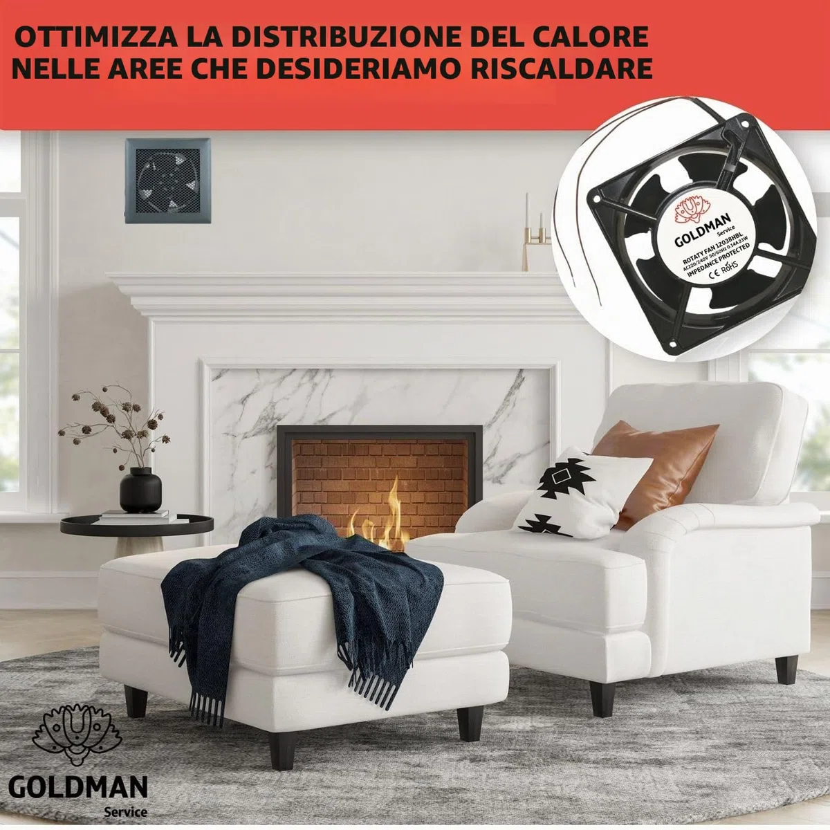 GOLDMAN SERVICE Ventola assiale per cassetta camino, inseribile, ad alta temperatura, di pale metalliche, silenziosa e universale, nero, 120 x 120 x 38 mm