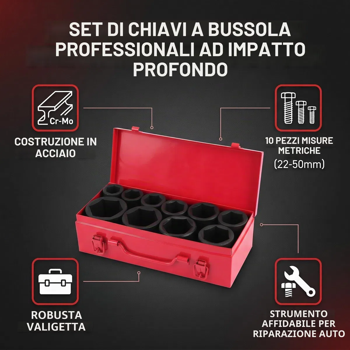 Ausla Bussole Impatto Set 10 Pezzi Metrico 22-50mm | Acciaio Cr-V, 6 punti, custodia per attrezzi