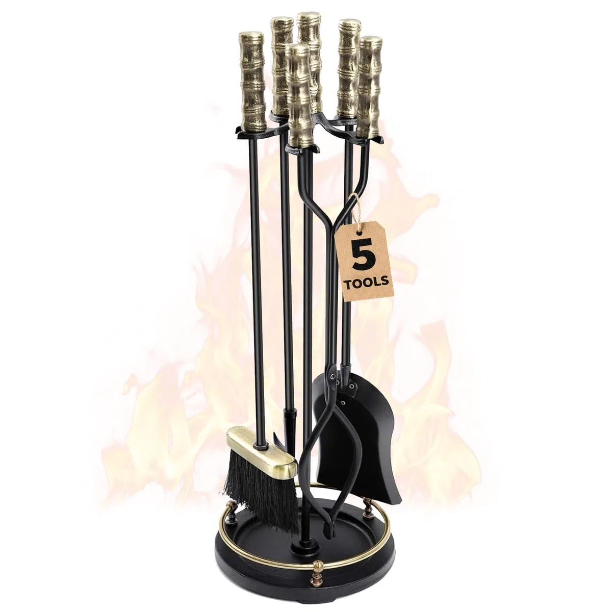 Amagabeli 5 Pezzi Set per Camino in Ferro battuto per Interni con pinze da Poker Porta Scopa Pala per Attrezzi da Fuoco Set da Poker per Esterni Set di Accessori per focolare Nero