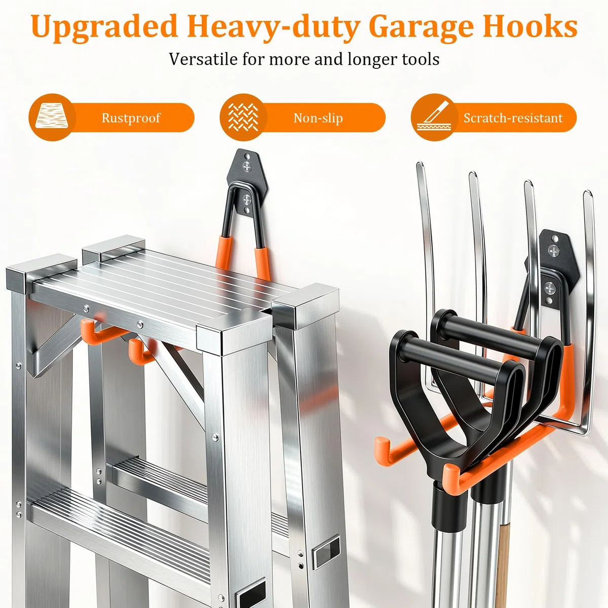 Housolution Ganci per Garage in Acciaio, 30 Pz Rivestimento Antiscivolo, Ganci a Parete per Bici, Strumenti Giardino, Scale, Tubi, Corde, Organizzatore con Avvolgicavo Extensibile, Arancione