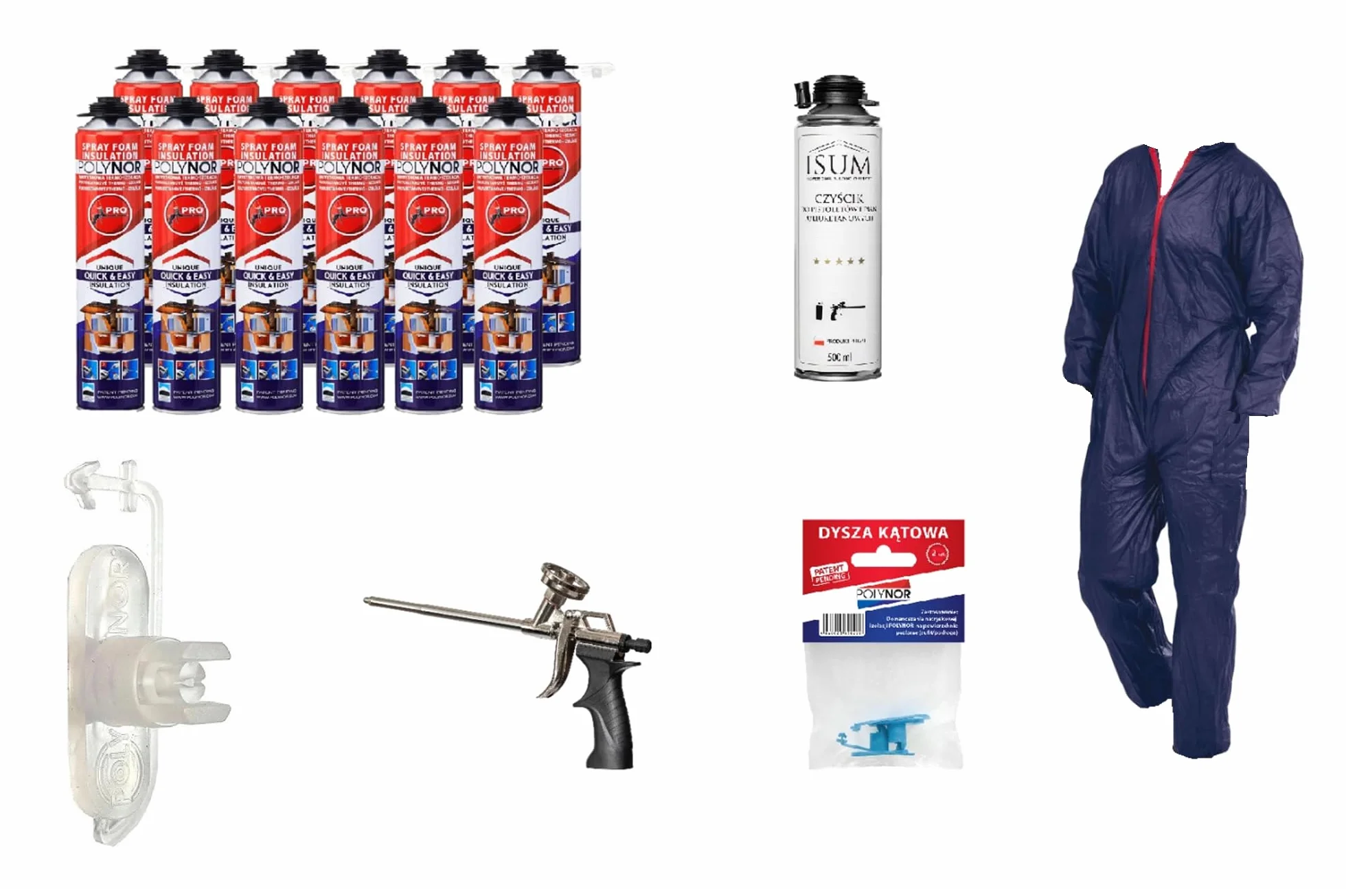 POLYNOR Isolamento termico PUR in bomboletta PRO - Set completo 29 elementi - 12 schiume - Pistola per schiuma - Isolamento termico a spruzzo - Isolamento di pareti, tetti - Aerosol 750 ml