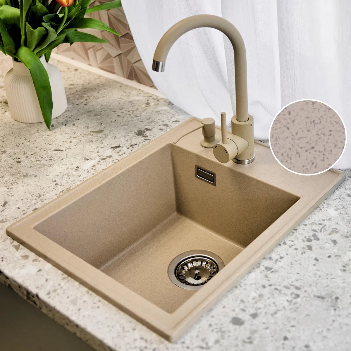 SINK QUALITY - Set completo di lavello in granito, 40 x 50 cm, con rubinetto da cucina, dispenser di sapone, sifone e impregnazione, lavello senza scolapiatti per mobiletti a partire da 40 cm di
