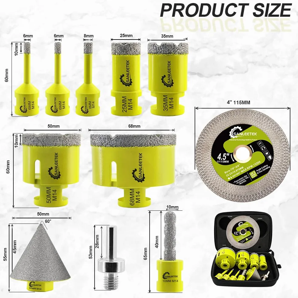 Punte per Trapano Diamantate (6/6/8/25/35/50/68mm+10mm Fresa Punta Trapano+50mm Punta Smusso+115mm Disco Diamantato+Adattatore) Seghettato Ceramica Porcellana Marmo Granito M14 Filettatura
