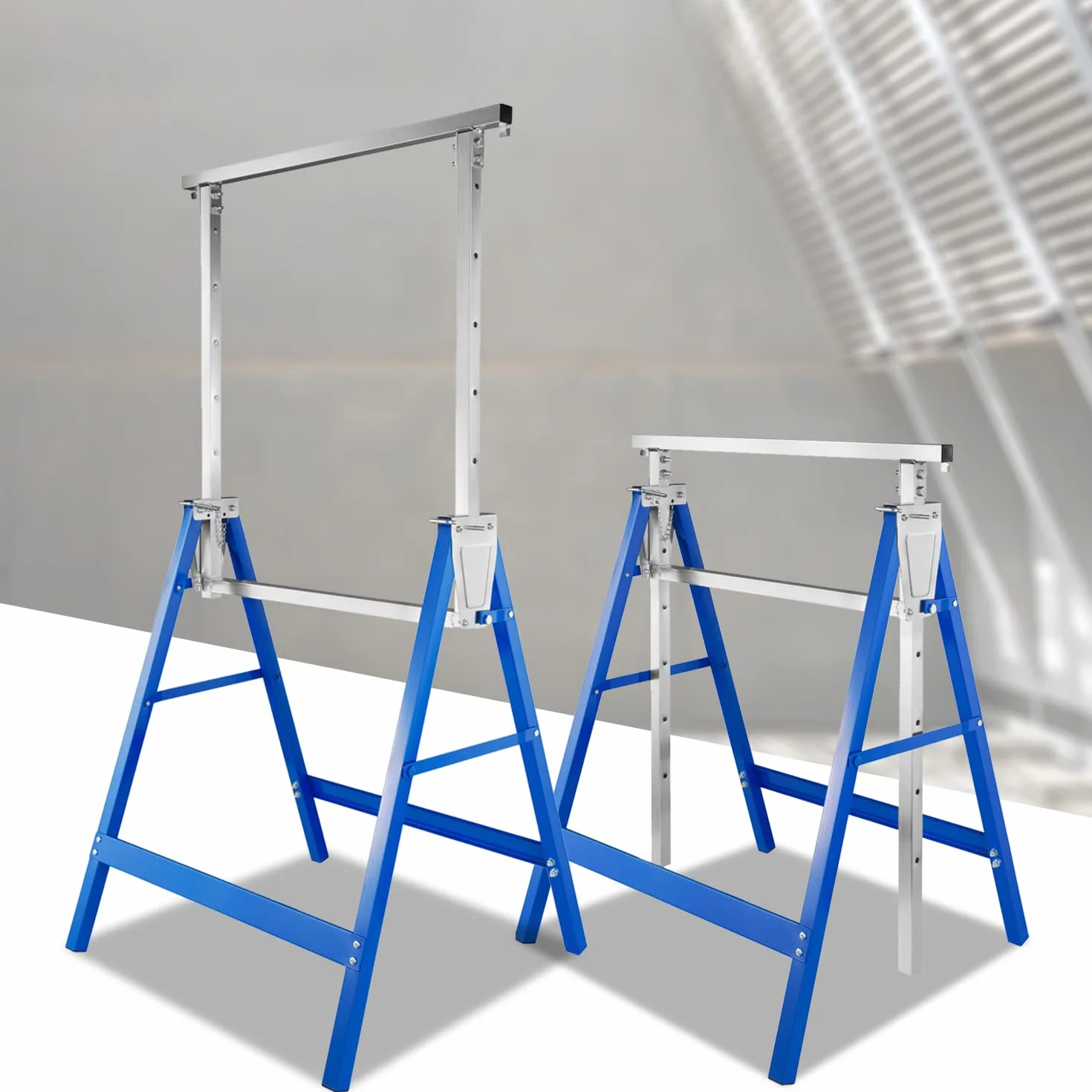 Fiqops set di 2 cavalletti da lavoro Capacità di carico 200 kg 7 volte pieghevole Cavalletti regolabili in altezza 80-130 cm Metallo Cavalletti per ponteggi Struttura per ponteggi