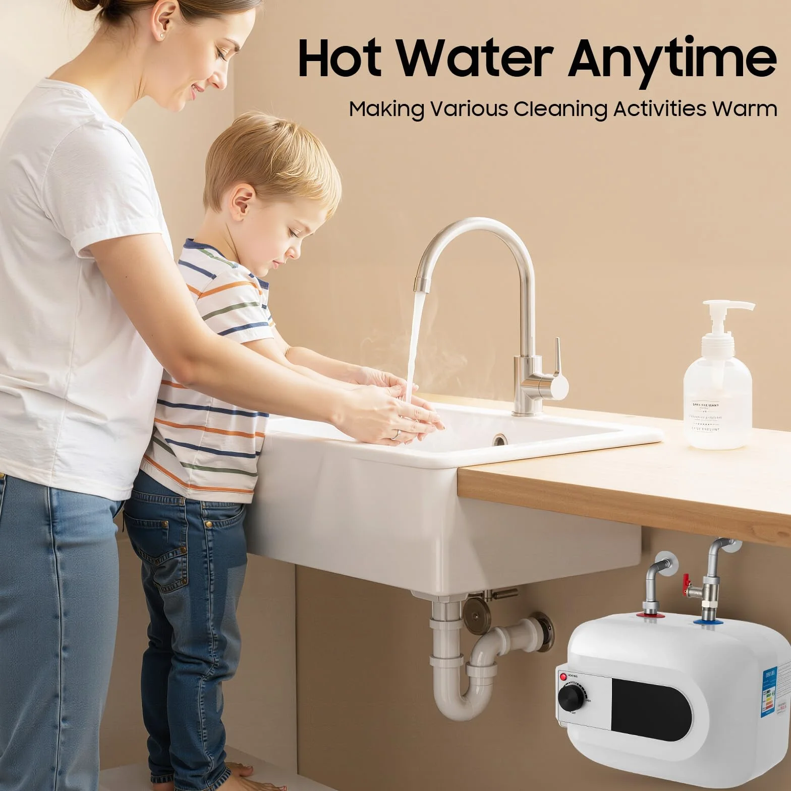 MINRS 6L Scaldabagno Sottopiano, Scaldaacqua da Cucina Elettrico Serbatoio per Acqua Calda 1500W 220V Scaldabagno Istantaneo 30-65°C per Lavelli, Cucine, Bagni Bianco