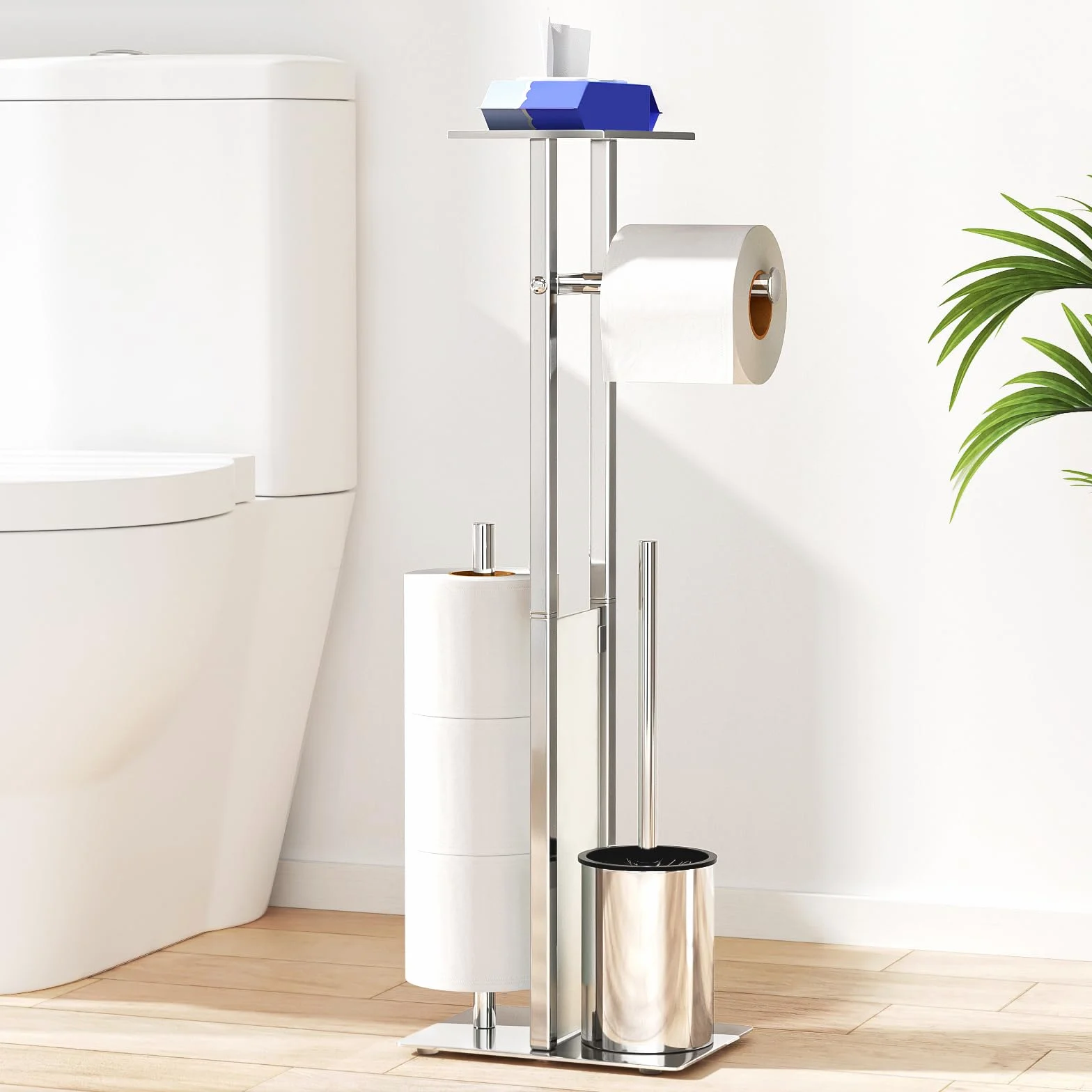 Porta Carta Igienica in Acciaio Inox Con Scopino - Scatola per Salviette Umide, Spazzola per WC e Portarotolo