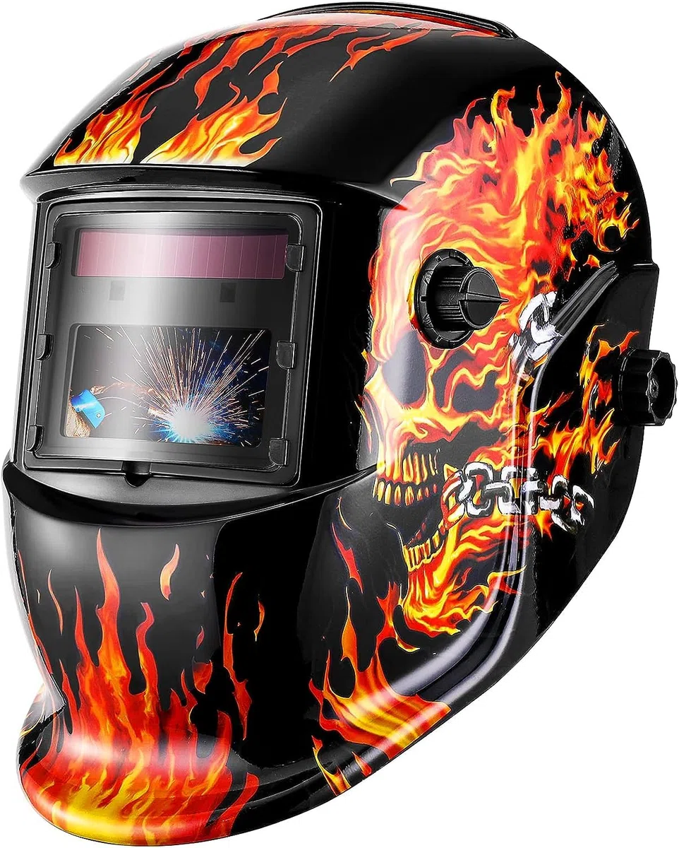 DEKO Maschera saldatore Casco oscurante autoalimentato solare con gamma di ombre regolabili 4/9-13 per Mig Tig Maschera per saldatore ad arco Scudo a forma di teschio fiammeggiante