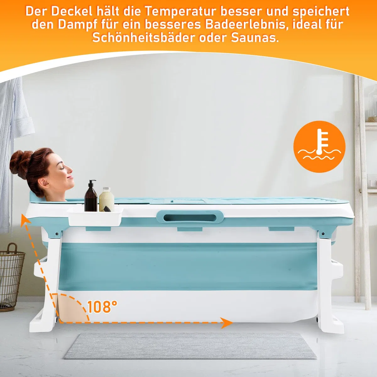 Fiqops Vasca da bagno pieghevole per adulti, XXL, 149 x 60 x 50 cm, pieghevole, con copertura per vasca da bagno, doccia e balcone