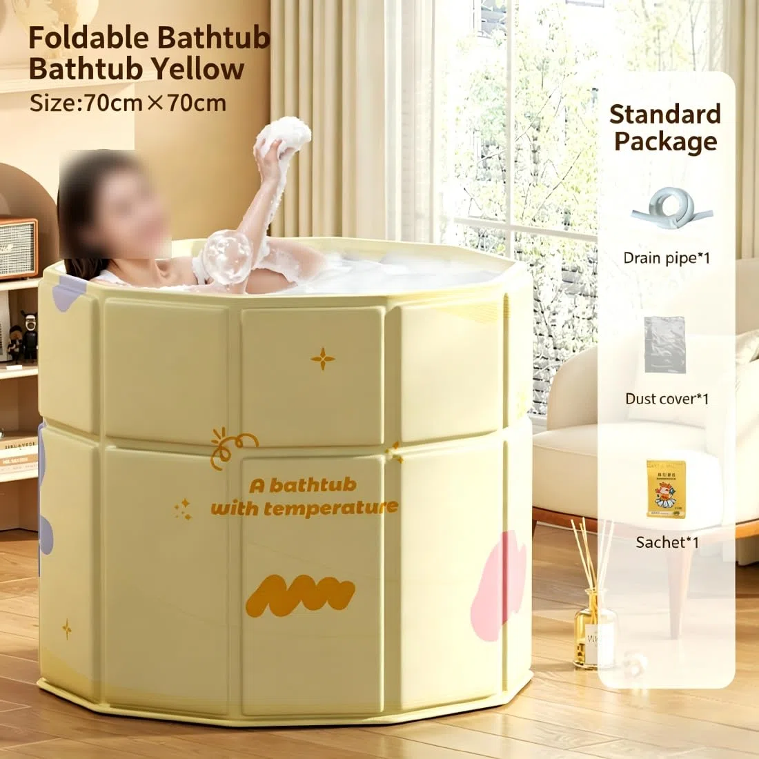 Vasca da bagno pieghevole giallo 70 x 70 cm, pieghevole per adulti, vasca da bagno pieghevole portatile, vasca da bagno separata, vasca SPA, ammollo, nessuna installazione per casa e all'aperto