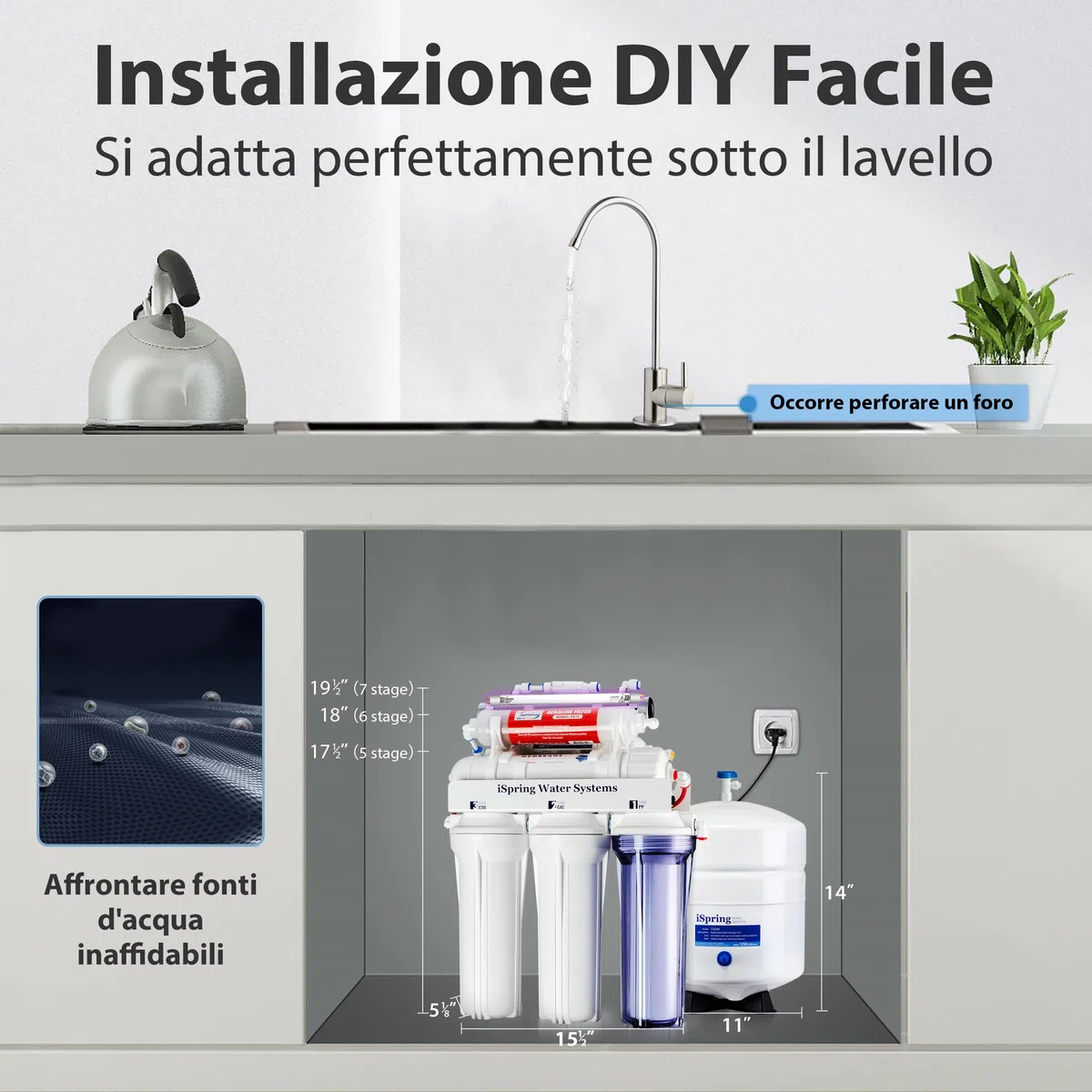 iSpring RCC7AK-UV Certificato NSF, 75GPD Sistema di Filtraggio dell'acqua Potabile a Osmosi Inversa a 7 Stadi Sotto Lavello con Filtro di Rimineralizzazione Alcalino e Filtro UV Ultravioletto