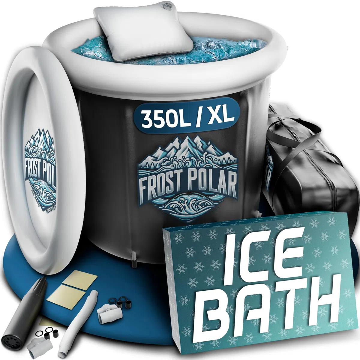 FROST POLAR - Ice Bath recupero 350 Litri - Vasca Ghiaccio Crioterapia 80 cm x 85 cm Staffe in Lega di Alluminio - Vasca Crioterapia, Include Cuscino, Borsa Impermeabile e Ricariche.