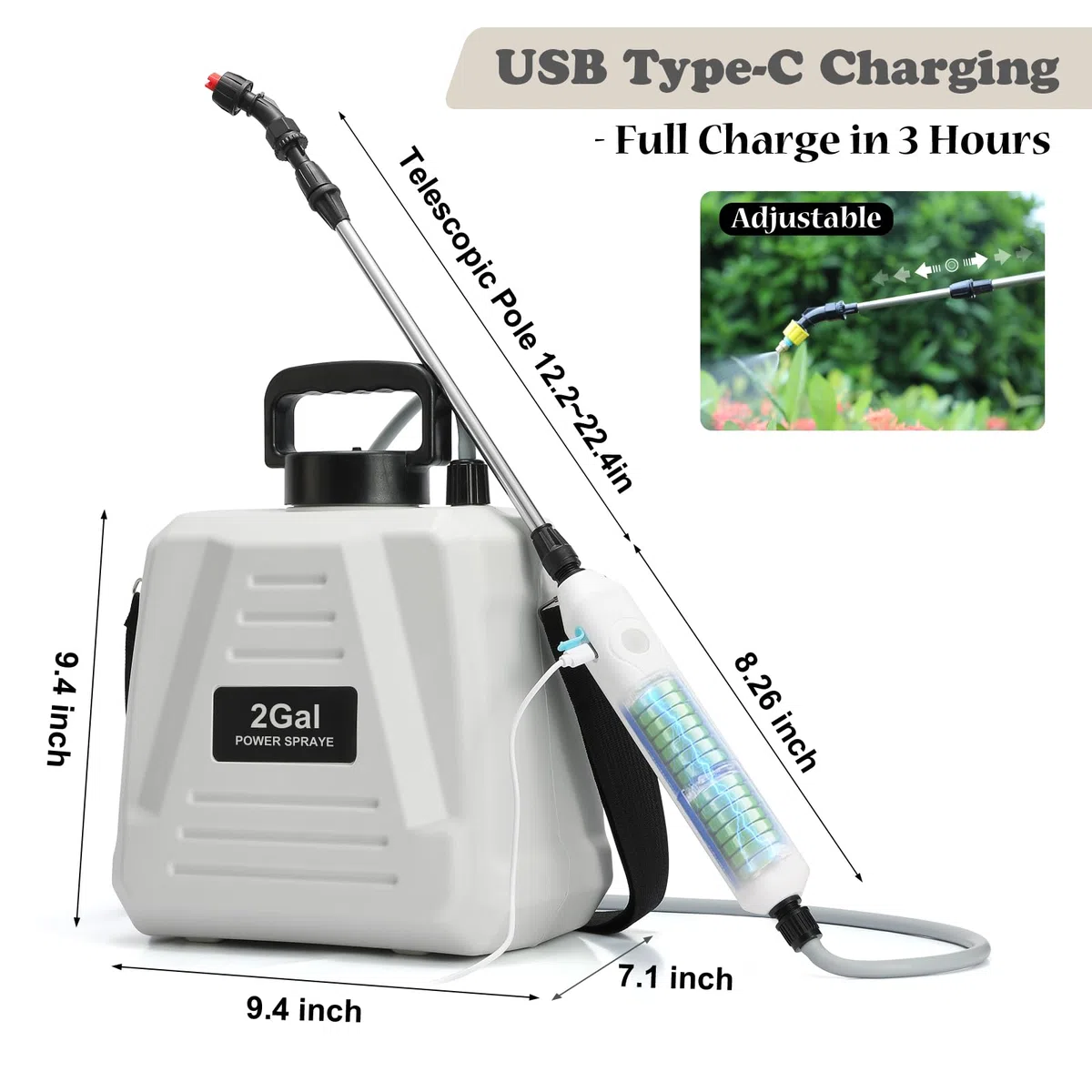 Pompa Irroratrice a Batteria 8L, 2000 mAh Spruzzatore 3 ugelli nebulizzatori, Nebulizzatore Piante con Manico Ricaricabile USB e Bacchetta Retrattile,per Giardino Cortile Prato (Bianco)
