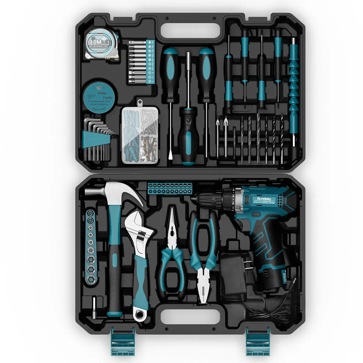 Sundpey Cassetta Attrezzi Completa 206 Pezzi, Trapano Avvitatore Batteria 12V per Serrare/Allentare Viti, Set Attrezzi da Lavoro Valigia Attrezzi Completa per Riparazioni Casalinghe e Fai da Te, Blu