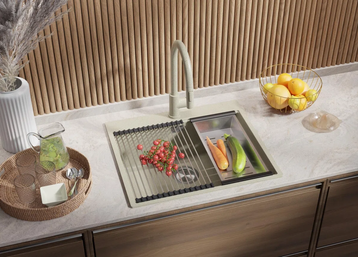 PRIMAGRAN Lavandino da Cucina Beige - Oslo Top, 58x50cm | Lavello in Granito a 1 Vasca + Rubinetto 40x20cm + Zuberhor-Set, Lavabo da Cucina Incasso al Mobile 60cm (S378)