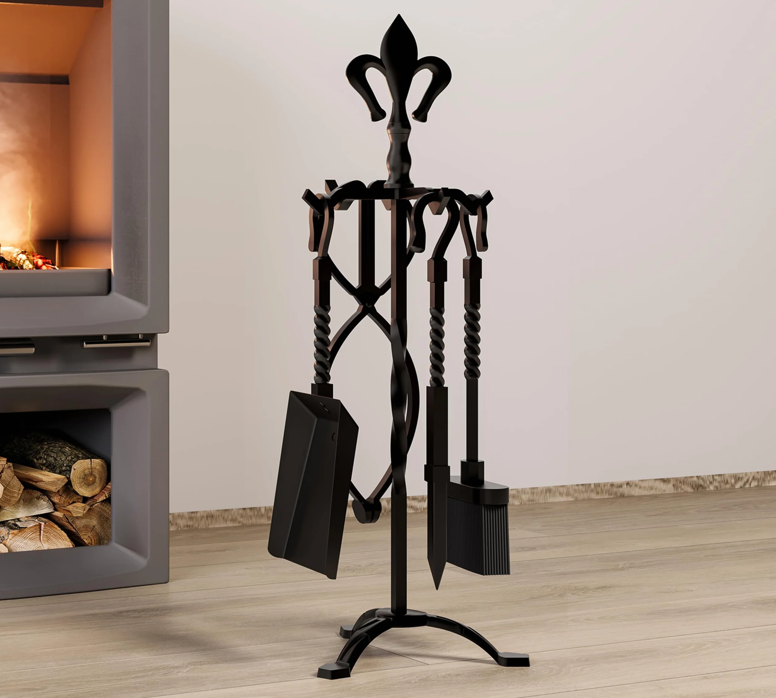 Kingson Set di 5 accessori per caminetto in ghisa, finitura nera, include attizzatoio, pinze, spazzola, pala e supporto, set di attrezzi per caminetti tradizionali, altezza 53 cm
