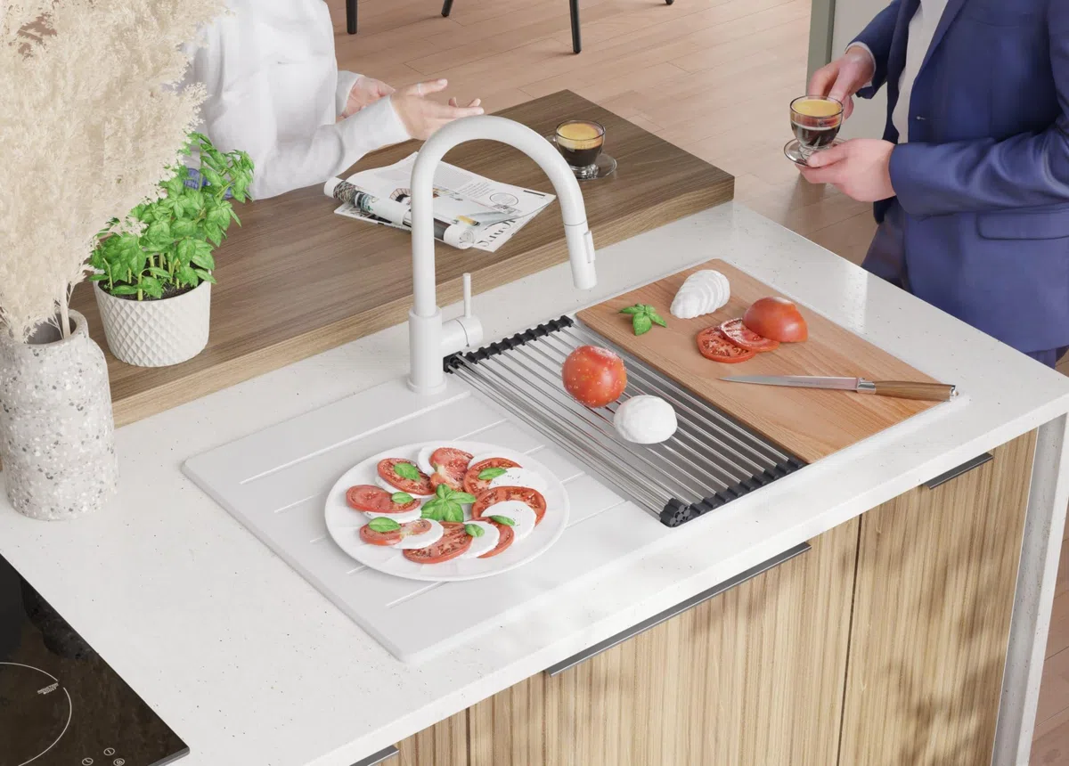PRIMAGRAN Lavandino da Cucina Tutto Bianco 90x50cm, Lavello in Granito a 1 vasca + Rubinetto 40x20cm + Set di accessori, Lavabo da Cucina Incasso al Mobile 60cm - Copenhagen Top S680