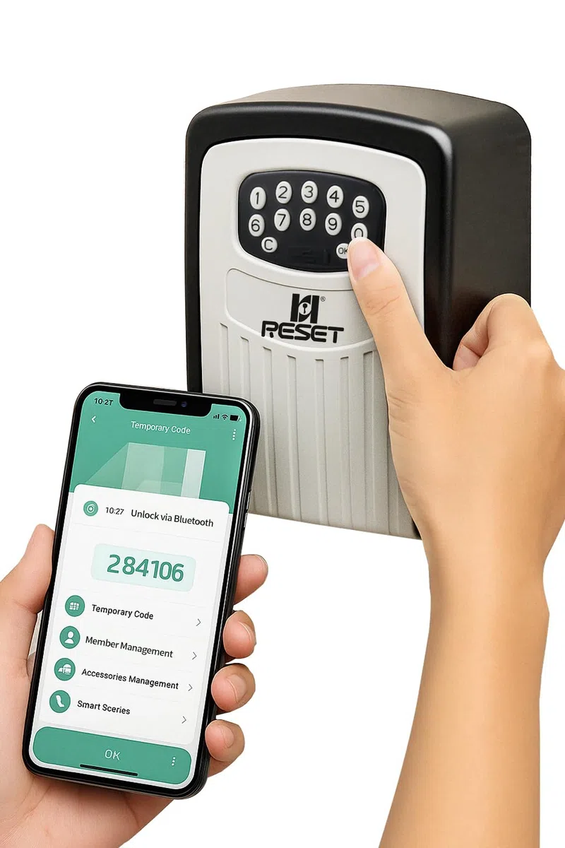 RESET-104 Cassetta portachiavi Bluetooth – resistente alle intemperie, IPX5 idrorepellente, struttura in metallo robusto, tastiera retroilluminata, codice preimpostato 6 cifre, modificabile 8–10