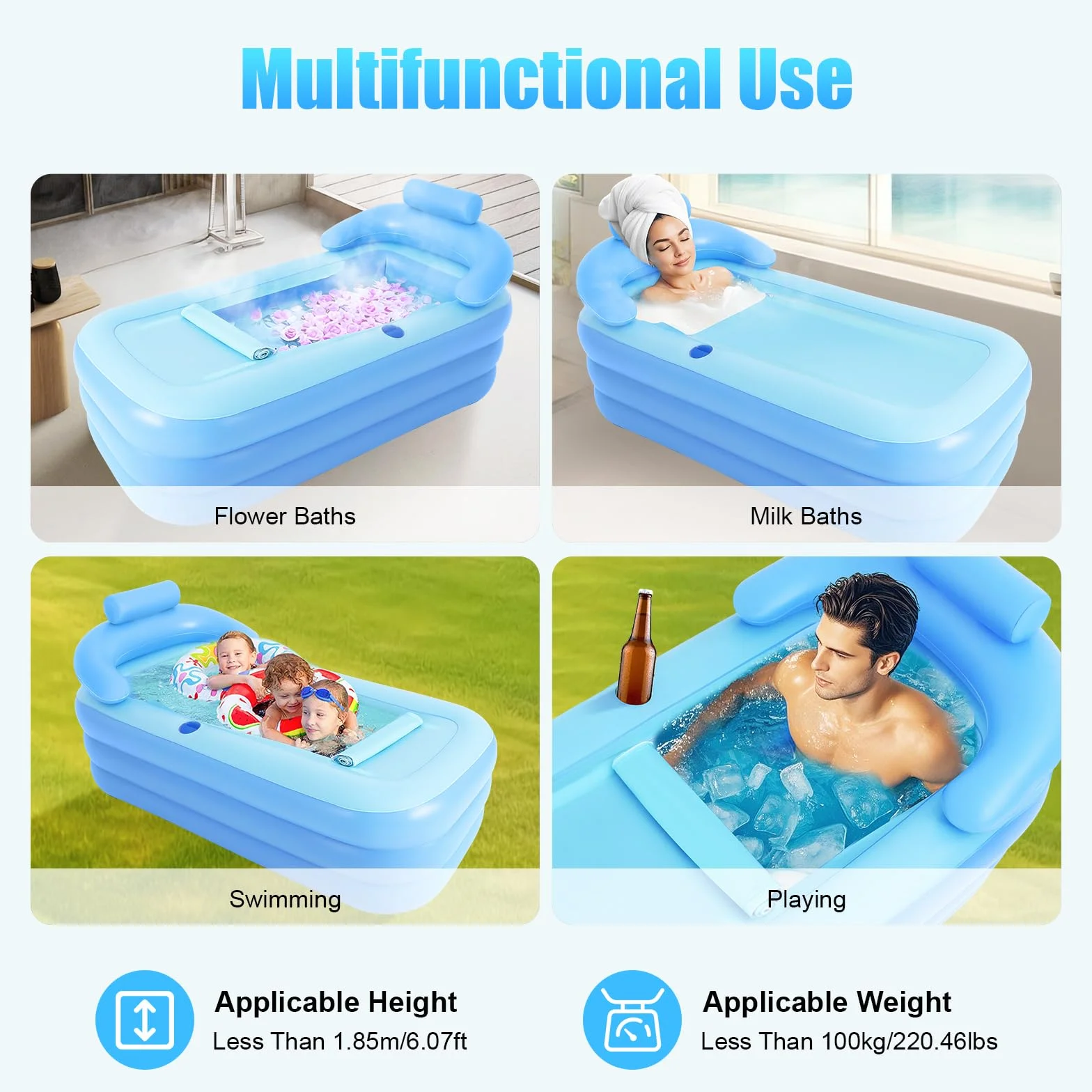 Vasca da bagno gonfiabile, in PVC, pieghevole per esterni, con schienale ergonomico e braccioli, vasca da bagno mobile, autoportante con copertura per persone meno di 1,85 m e 100 kg, 160 x 84