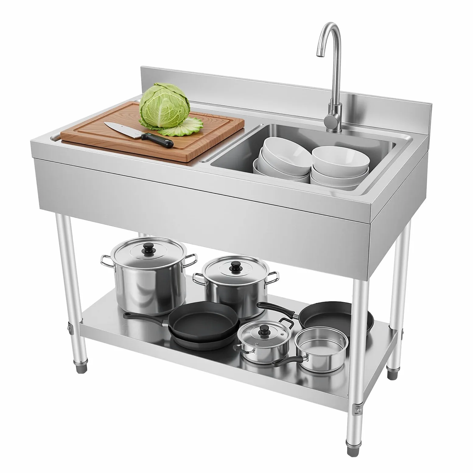 Lavello da cucina freestanding in acciaio con armadio inferiore e rubinetto | Lavello autonomo da cucina su piedistallo, 100*60*80cm, Per Lavare Frutta, Verdura, Ciotole