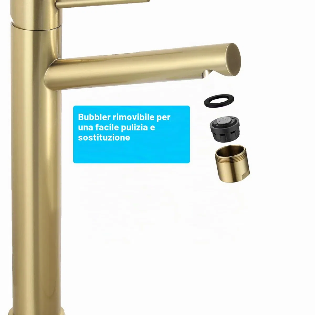 Rubinetto Lavabo Alto Oro, Angolo di Uscita Dell'acqua Umanizzato, Miscelatore Monocomando da Appoggio per Bagno, Acciaio Inox 304, Acqua Calda e Fredda, Aeratore Rimovibile