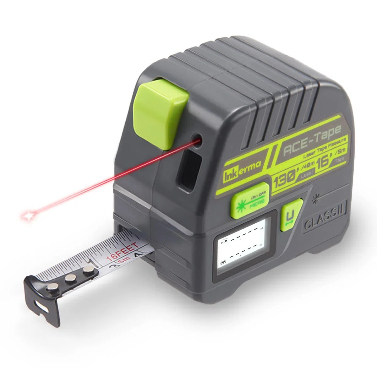 Metro a Nastro Laser 2-in-1, Inkerma Strumento di Misurazione Laser 130Ft/40m & Metro a Nastro 16Ft/5m, Misuratore Laser Digitale con Display LCD, Unità M/In/Ft/Ft+In, Nastro Auto-bloccante