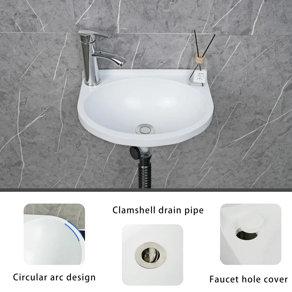 Lavello da bagno piccolo da parete, installazione senza trapano, autoadesivo, 30 x 28 cm, con foro per rubinetto da 3,2 cm, mini lavello in plastica per casa, dormitorio, garage