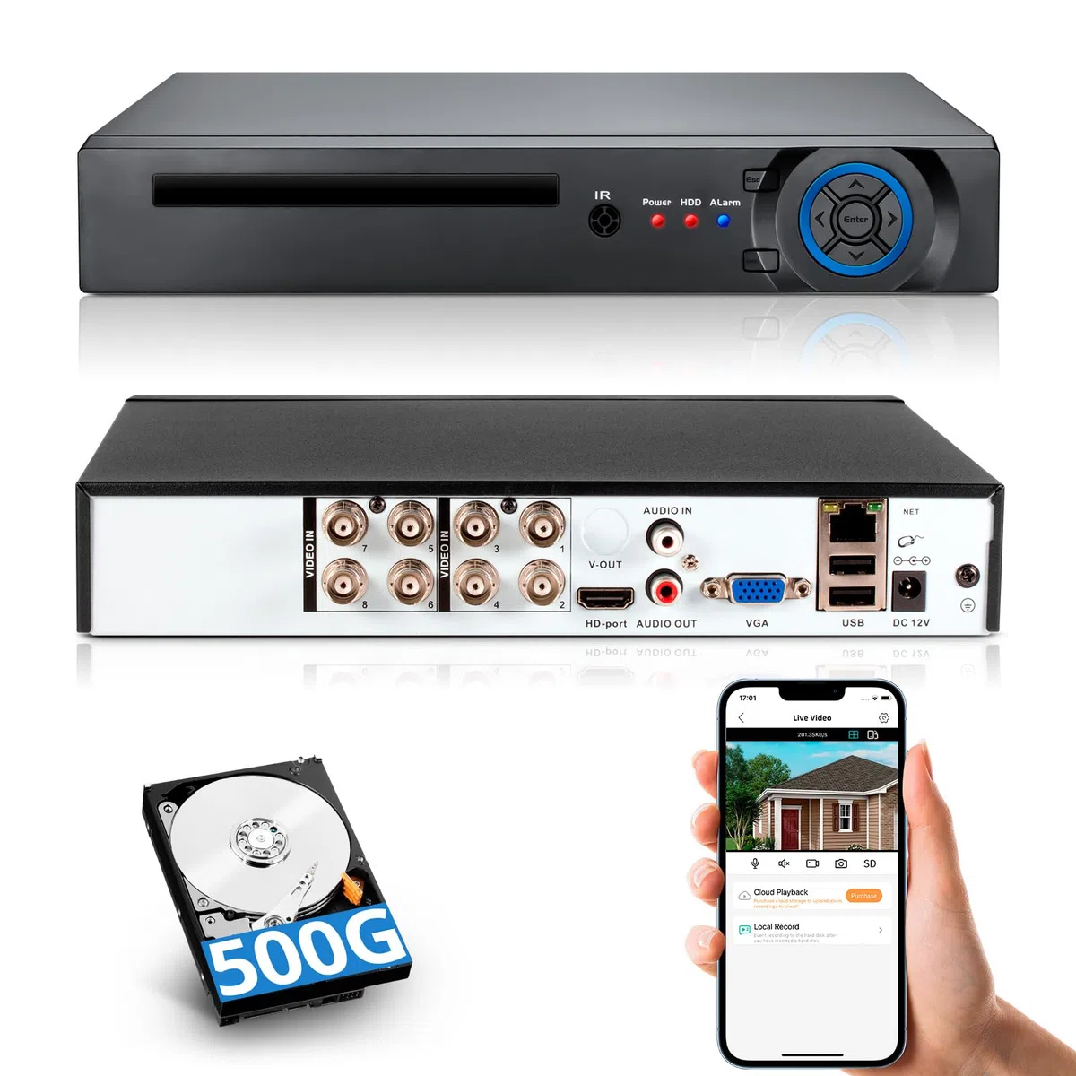 Registratore DVR di sicurezza a 8 canali con HDD 500G, DVR CCTV ibrido 6 in 1 a 8 canali per telecamera di sorveglianza, supporta telecamere analogiche a 8 canali, DVR per sistema di sorveglianza