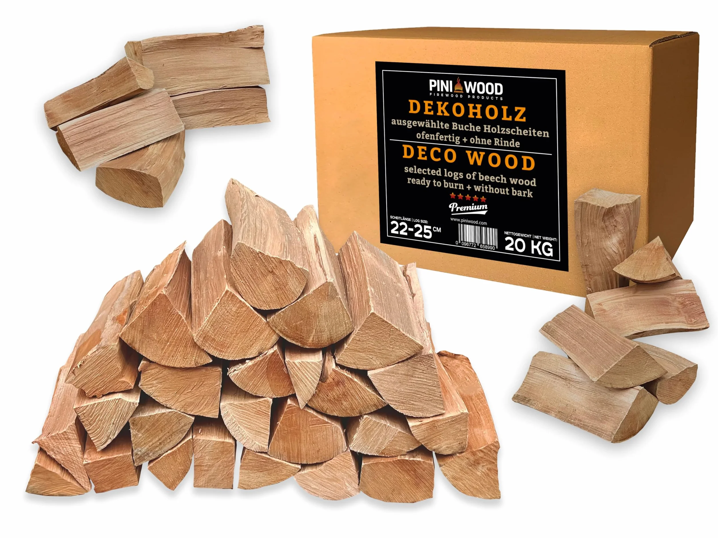 PINI - Legna decorativa Buche senza corteccia 20 kg, Legna da ardere di alta qualità per camino, barbecue e fuoco aperto