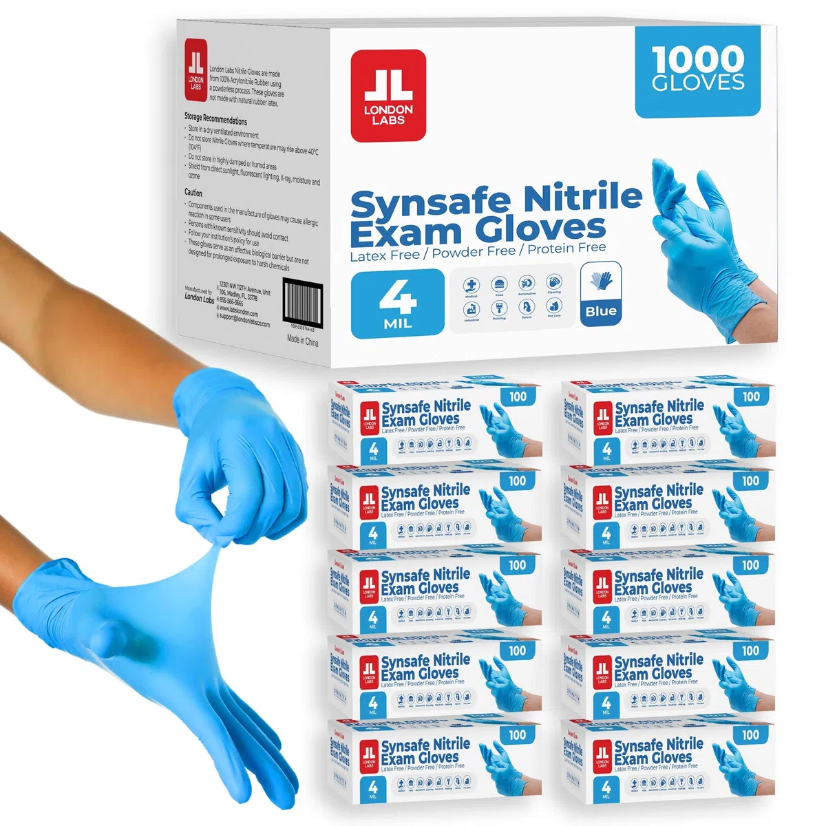 London Labs Synsafe - Guanti da esame in nitrile blu, usa e getta, senza lattice e senza polvere, extra resistenti, kit di primo soccorso, medici, EMT, pulizia, cucina, confezione da 1000 ct