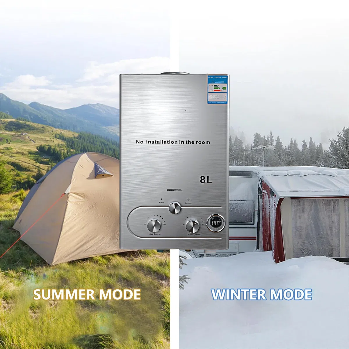 Scaldacqua a gas propano GPL,6L/8L, scaldabagno istantaneo a gas, con modalità inverno ed estate, 16 kW 2800 Pa, scaldabagno senza serbatoio con kit doccia, protezione contro il surriscaldamento (6L)