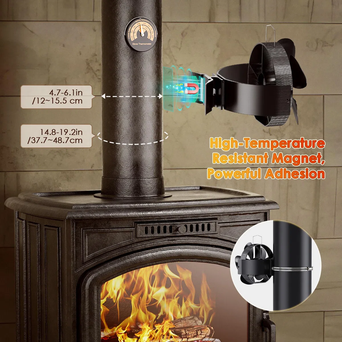 3 IN 1 Ventilatore per stufa a legna 5 lame Ventilatore 180° rotazione magnetico per bruciatori di legna Ventilatores per caminetto alimentato dal calore