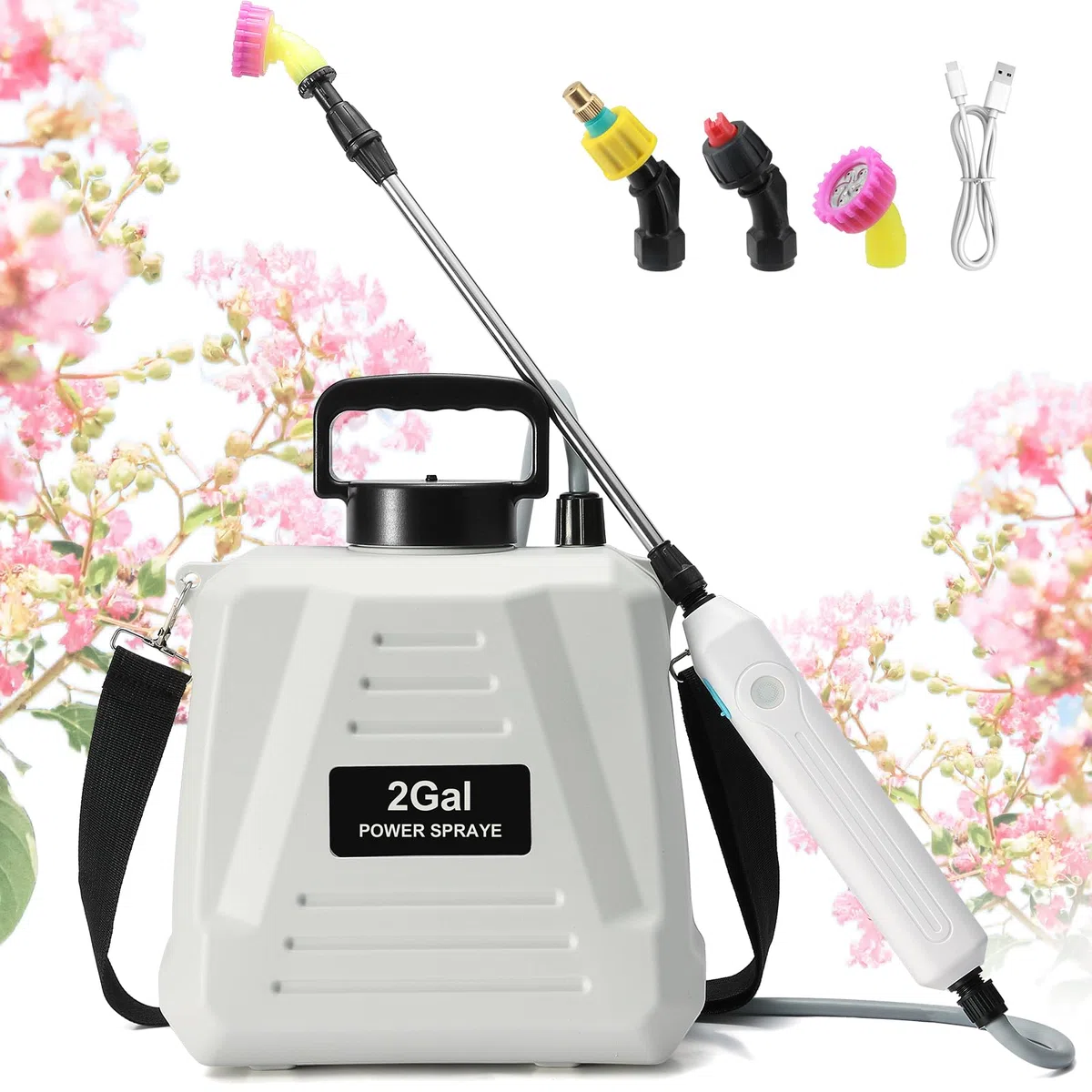 Pompa Irroratrice a Batteria 8L, 2000 mAh Spruzzatore 3 ugelli nebulizzatori, Nebulizzatore Piante con Manico Ricaricabile USB e Bacchetta Retrattile,per Giardino Cortile Prato (Bianco)