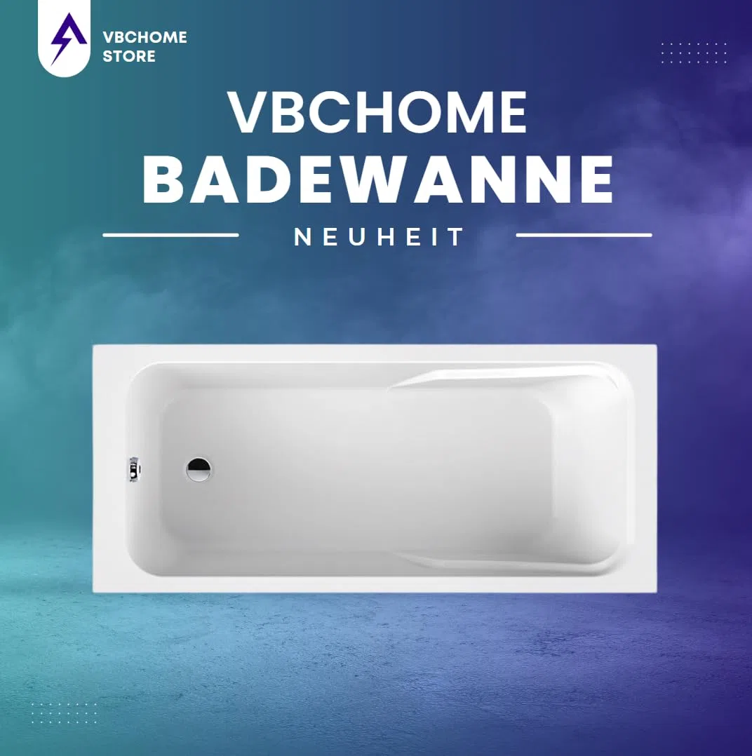VBChome Vasca da bagno 180 x 80 cm Bianco in acrilico Piedini vasca Sifone Vasca Design rettangolare Moderno Scarico in cromo