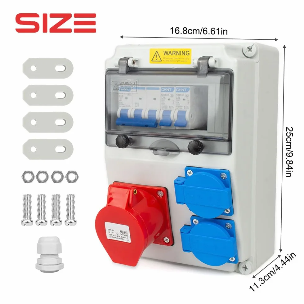 Distributore di Corrente 230 V, Copri Quadro Elettrico con Prese 2x230V e 1xCEE 16A Cablate, Quadro Elettrico da Cantiere IP44 con Interruttore Ls, Distributore Quadri Elettrici