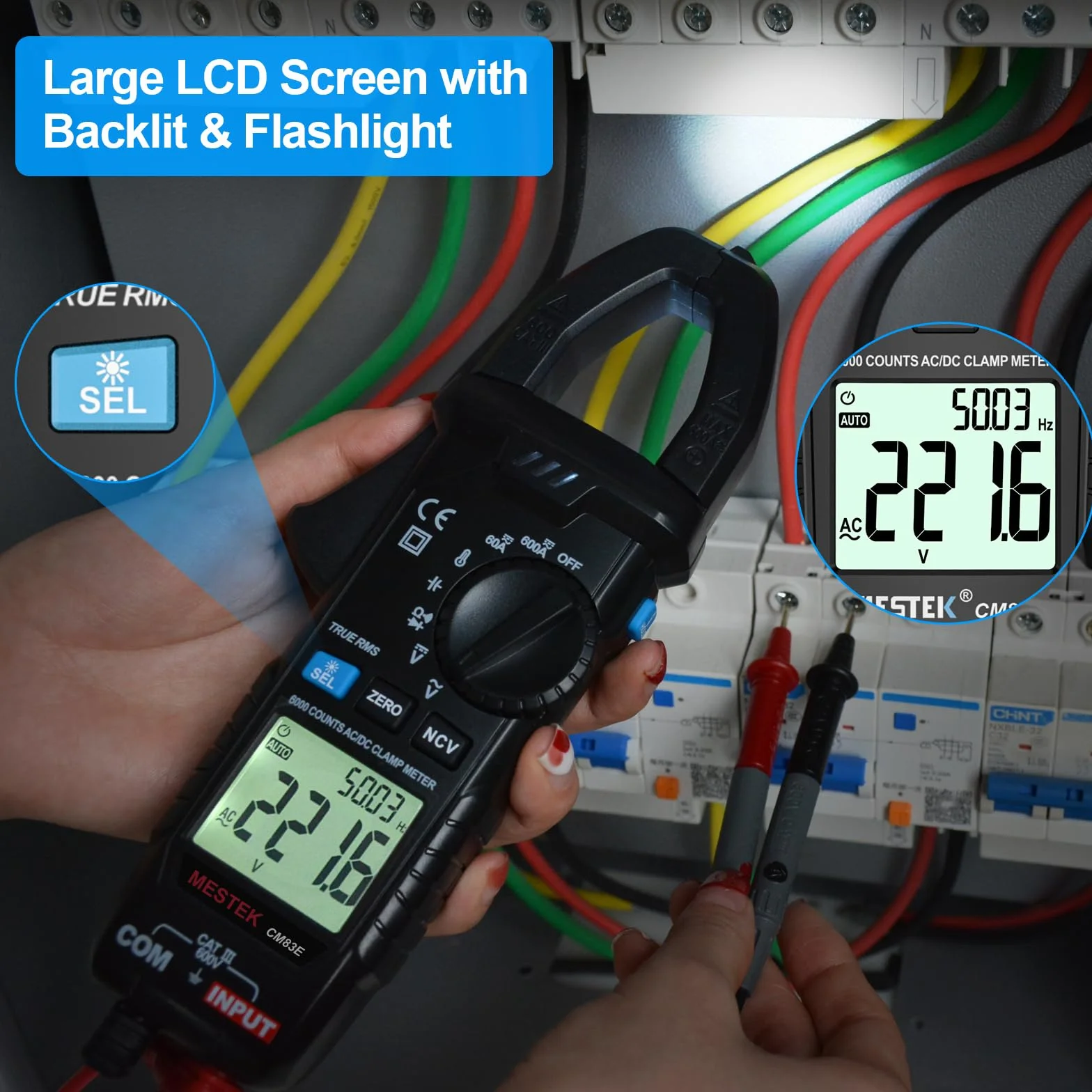 Pinza Amperometrica MESTEK Digitale Multimetro AC DC Professionale T-RMS Auto-Ranging 6000 conteggi Capacità Diodo NCV LoZ VFD
