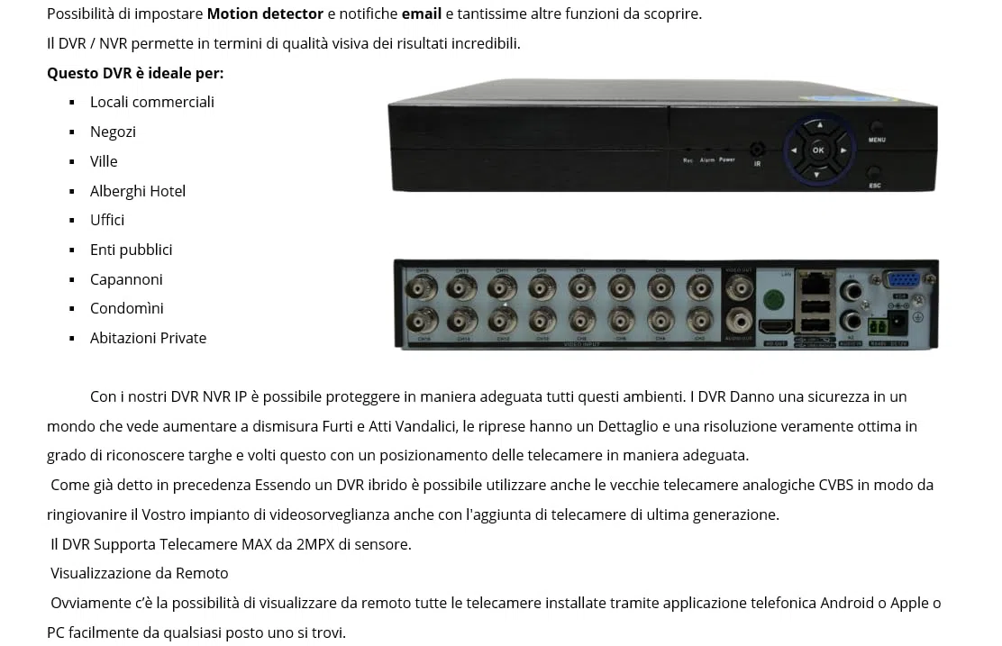 DVR 16 CANALI DI INGRESSO BNC Full HD IBRIDO 6 IN 1 Telecamere IP COMPATIBILE P2P App Xmeye