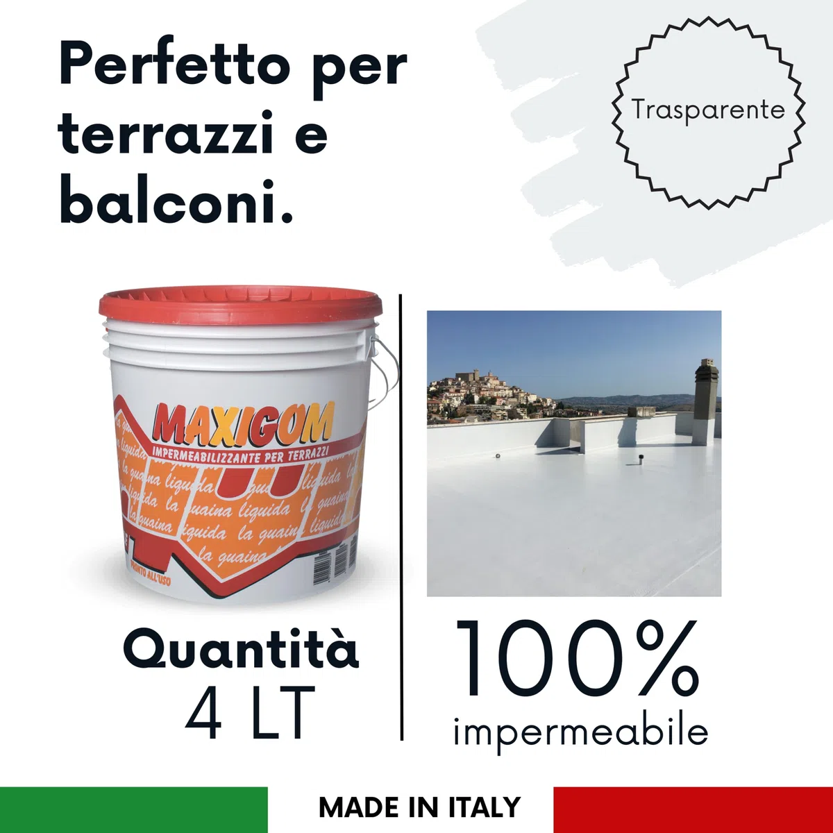 Guaina Liquida Impermeabilizzante Acrilica, Per Terrazzi E Superfici Pedonabili, Consistenza Cremosa E Pellicola Gommosa, Spessore Consigliato 0,4 Mm, Rapida Asciugatura (4 Litri)