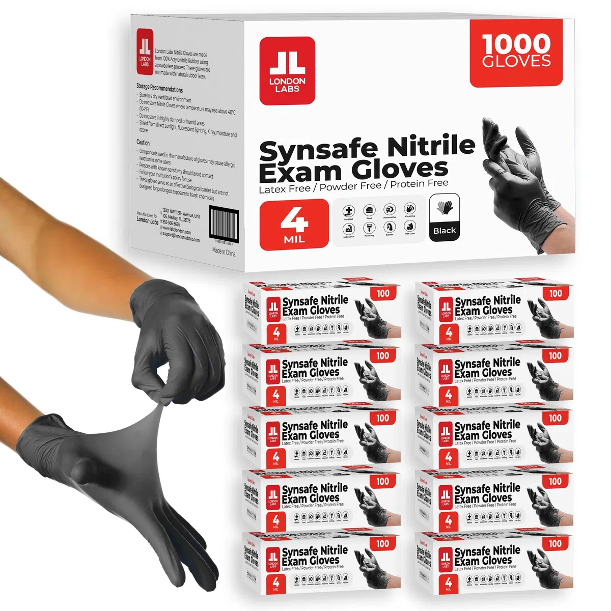 London Labs Synsafe - Guanti da esame in nitrile nero, 4 mm, usa e getta, senza lattice e senza polvere, extra resistenti, kit di primo soccorso, medici, EMT, pulizia, cucina, confezione da 1000 ct