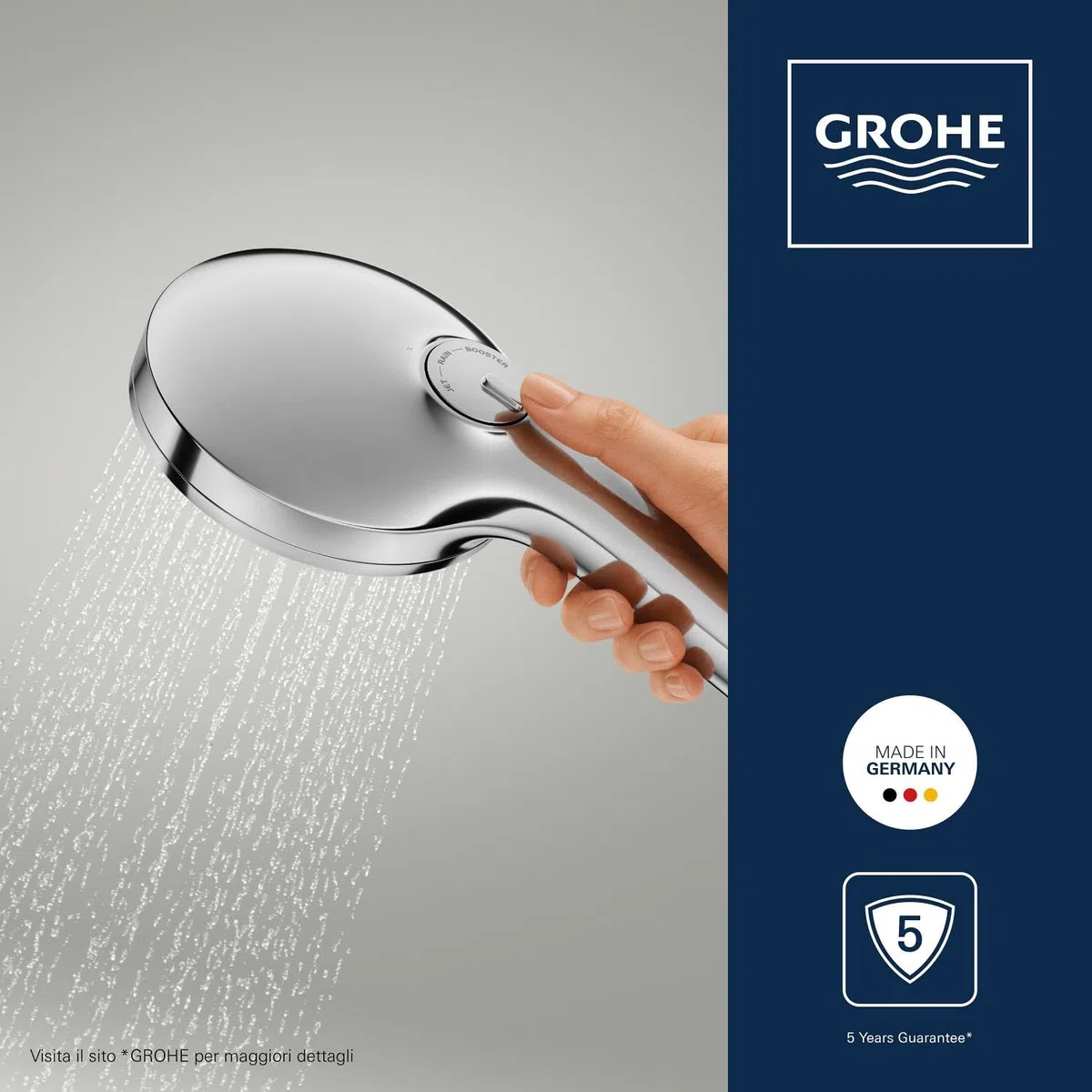 GROHE Vitalio Joy+ 120 Doccino doccia con 3 getti: pioggia, getto, booster (risparmio idrico 7,9 l/min, protezione antiscottatura, sistema di montaggio universale), cromata, 1348640000