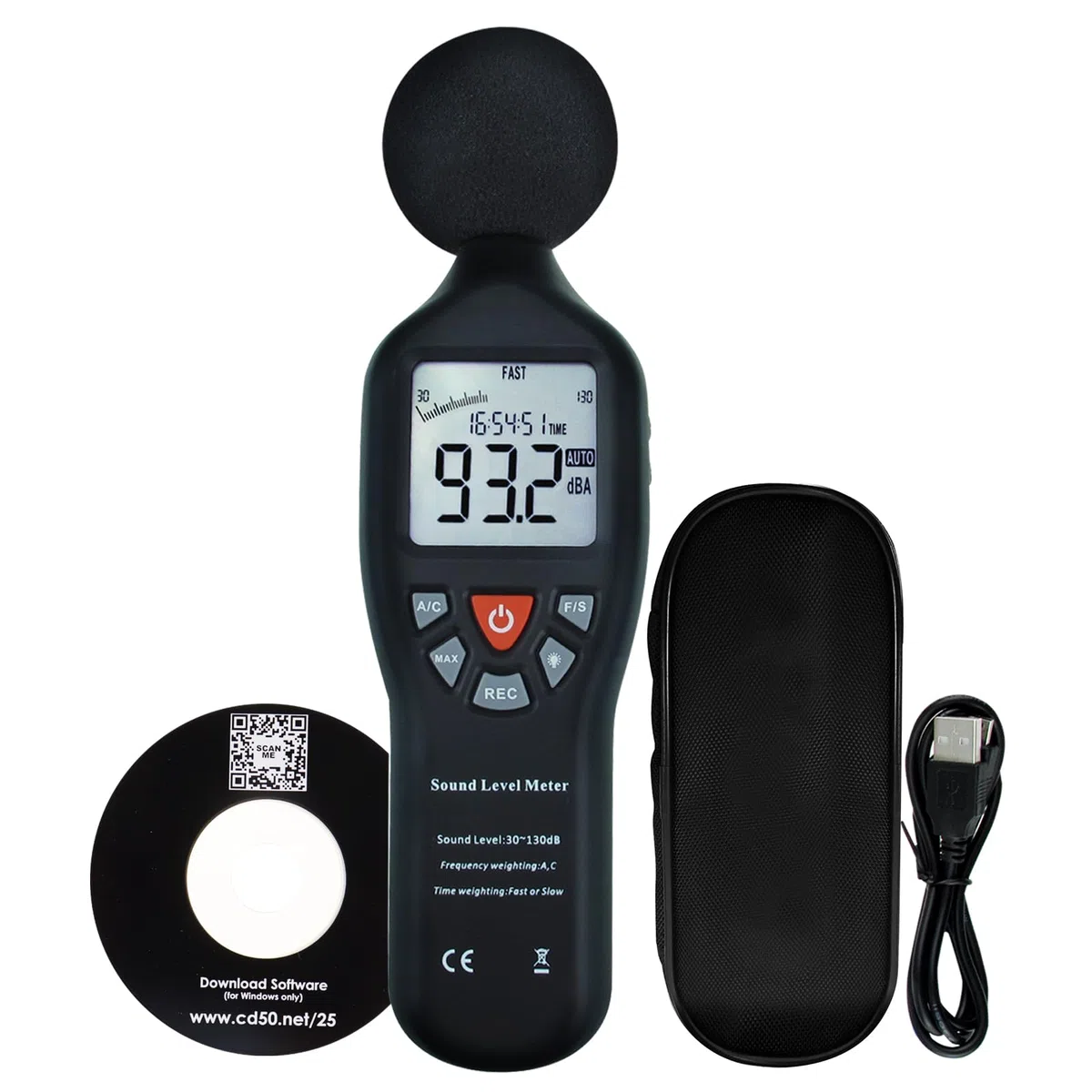 Fonometro professionale con data hold, logger e software CD - Monitor decibel ad alta precisione con retroilluminazione LCD, display MAX/MIN e intervallo di misurazione del rumore audio 30dB~130dB