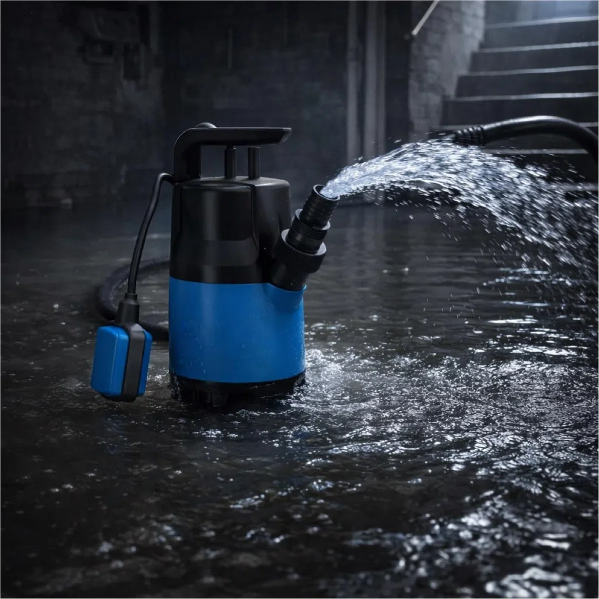 Pompa sommergibile per acqua sporca da 400 W con portata di 7500 l/h – max. 5 m di altezza di mandata, 4 m di profondità di immersione, cavo da 10 m, interruttore galleggiante e protezione termica per